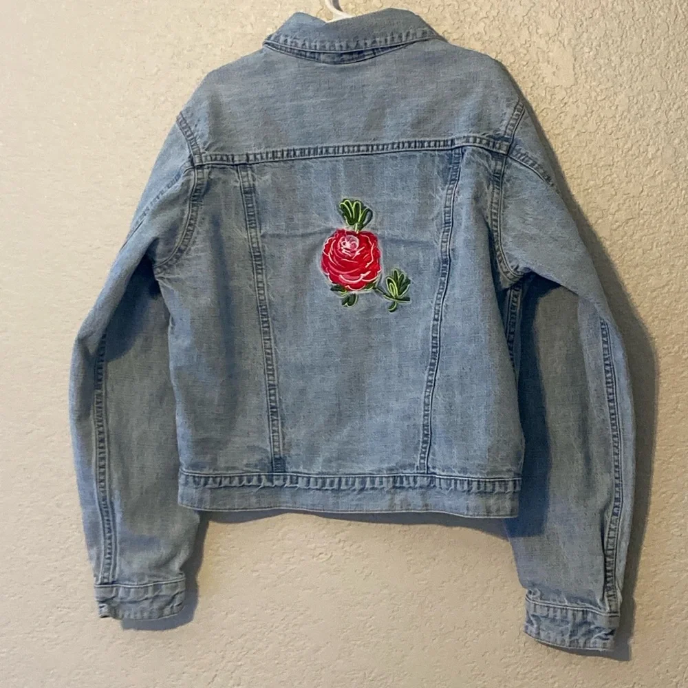 Girls Route 66 Light Blue Jean Jacket with Red Floral Embroidery (size 10/12)